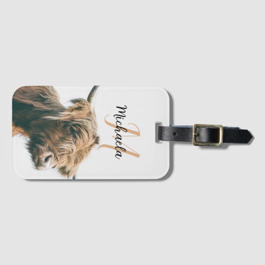 Hoogland koe portret eigen naam initiaal monogram bagagelabel (Voorkant (horizontaal))