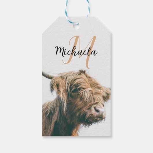 Hoogland koe portret eigen naam initiaal monogram cadeaulabel (Achterkant)