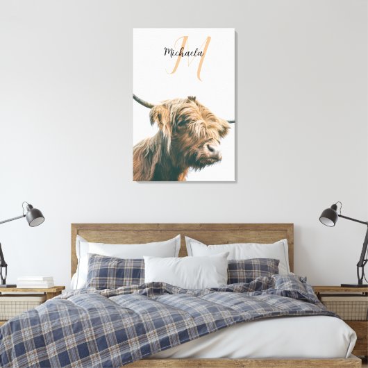 Hoogland koe portret eigen naam initiaal monogram canvas afdruk (Insitu (Slaapkamer))
