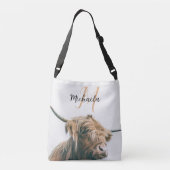 Hoogland koe portret eigen naam initiaal monogram crossbody tas (Achterkant)