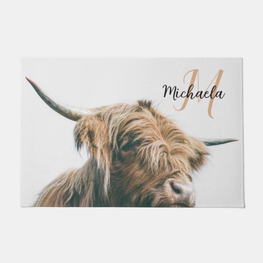 Hoogland koe portret eigen naam initiaal monogram deurmat (Voorkant)