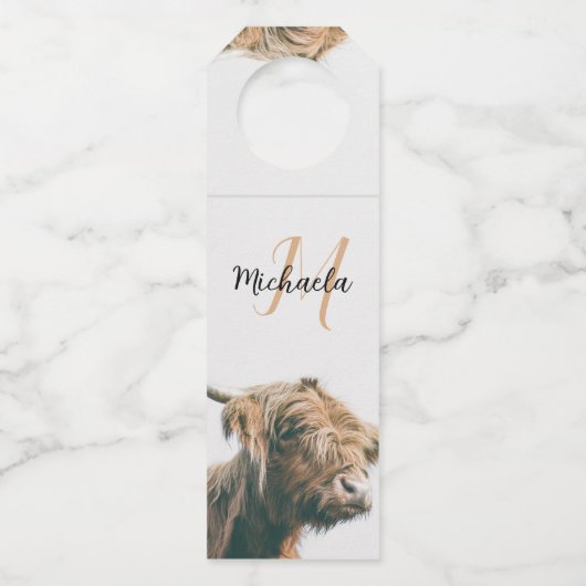 Hoogland koe portret eigen naam initiaal monogram flessenhanger (Voorkant)