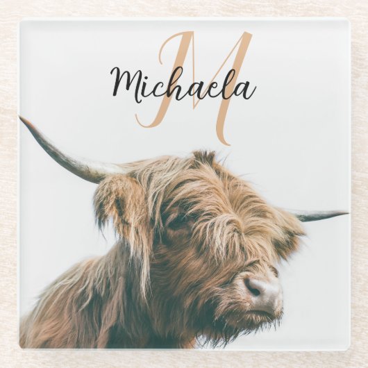 Hoogland koe portret eigen naam initiaal monogram glazen onderzetter (Voorkant)