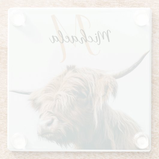 Hoogland koe portret eigen naam initiaal monogram glazen onderzetter (Achterkant)