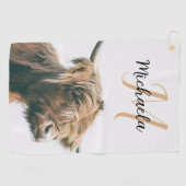 Hoogland koe portret eigen naam initiaal monogram golfhanddoek (Horizontaal)