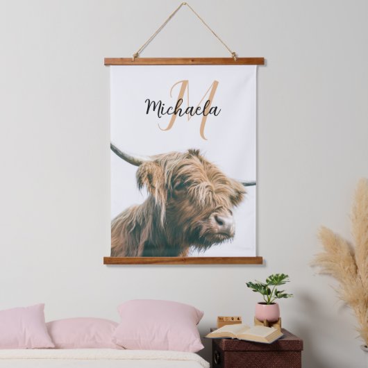Hoogland koe portret eigen naam initiaal monogram hangend wandkleed (Slaapkamer)