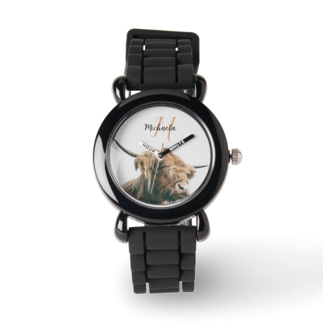 Hoogland koe portret eigen naam initiaal monogram horloge (Voorkant)