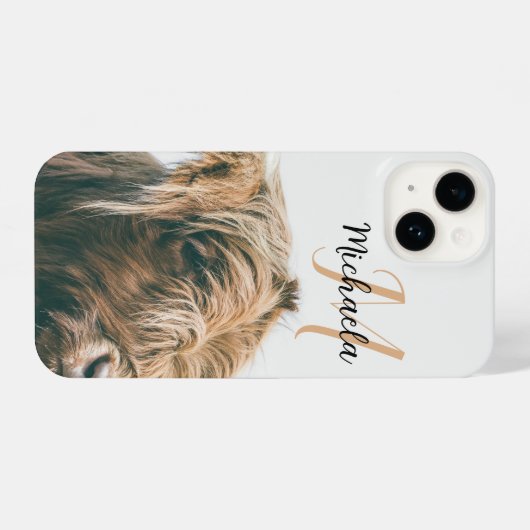 Hoogland koe portret eigen naam initiaal monogram iPhone hoesje (Achterkant horizontaal)
