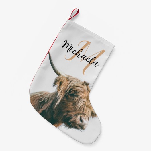 Hoogland koe portret eigen naam initiaal monogram kleine kerstsok (Voorkant (Hangend))