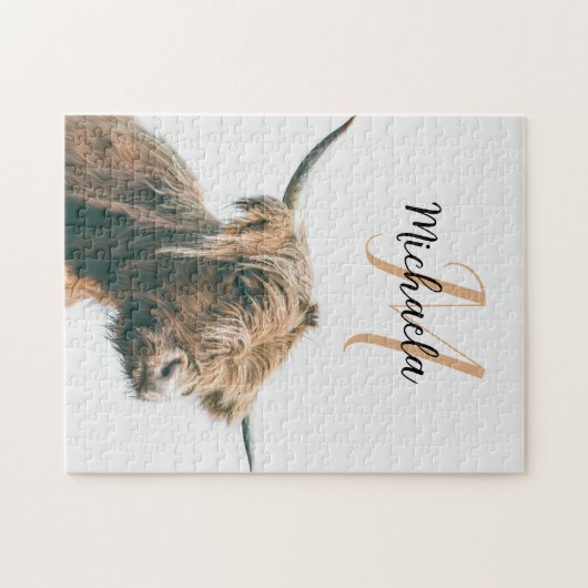 Hoogland koe portret eigen naam initiaal monogram legpuzzel (Horizontaal)