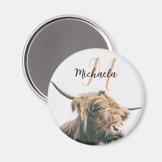 Hoogland koe portret eigen naam initiaal monogram magneet (Voorkant / Achterkant)