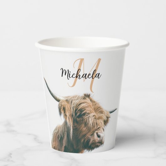 Hoogland koe portret eigen naam initiaal monogram papieren bekers (Voorkant)
