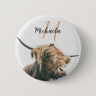 Hoogland koe portret eigen naam initiaal monogram ronde button 5,7 cm