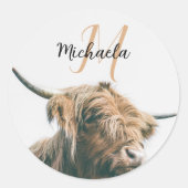 Hoogland koe portret eigen naam initiaal monogram ronde sticker (Voorkant)