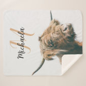 Hoogland koe portret eigen naam initiaal monogram sherpa deken (Voorkant (horizontaal))