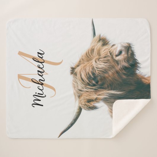 Hoogland koe portret eigen naam initiaal monogram sherpa deken (Voorkant (horizontaal))