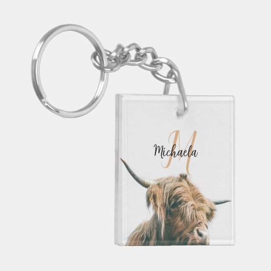 Hoogland koe portret eigen naam initiaal monogram sleutelhanger (Voorkant Links)