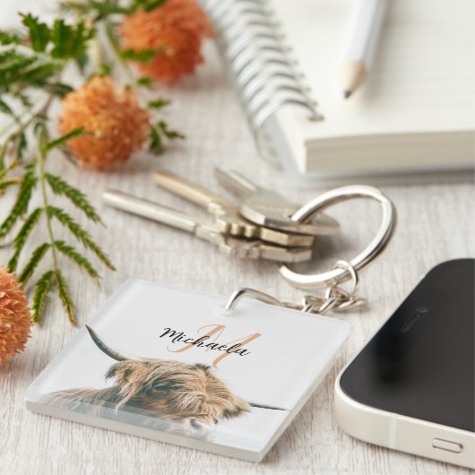 Hoogland koe portret eigen naam initiaal monogram sleutelhanger (Voorkant Rechts)