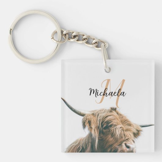 Hoogland koe portret eigen naam initiaal monogram sleutelhanger (Voorkant)
