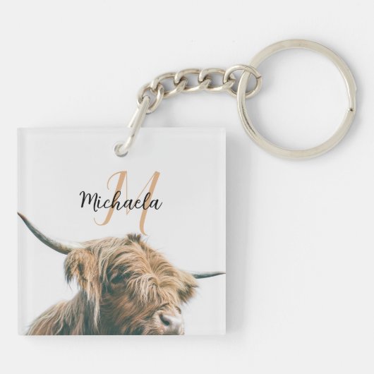 Hoogland koe portret eigen naam initiaal monogram sleutelhanger (Achterkant)
