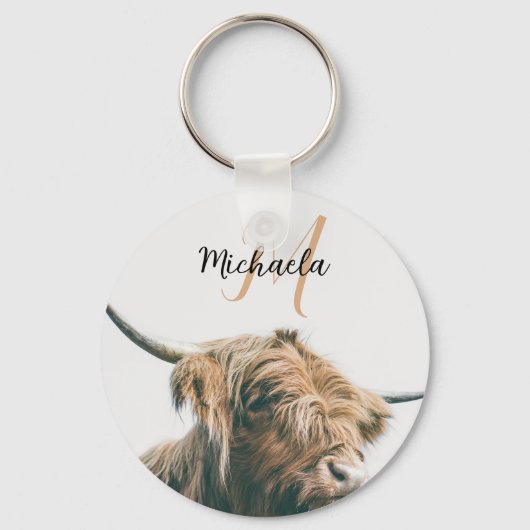Hoogland koe portret eigen naam initiaal monogram sleutelhanger (Voorkant)