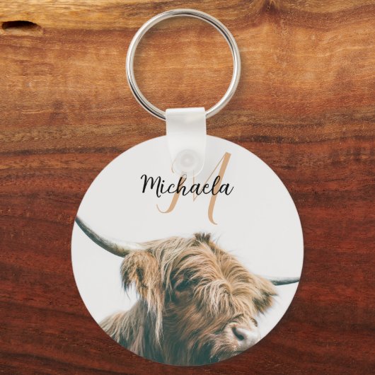 Hoogland koe portret eigen naam initiaal monogram sleutelhanger (Voorkant)