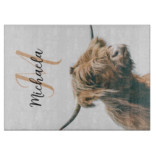 Hoogland koe portret eigen naam initiaal monogram snijplank (Voorkant)