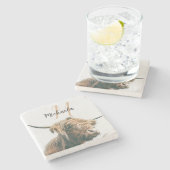 Hoogland koe portret eigen naam initiaal monogram stenen onderzetter (Zijkant)