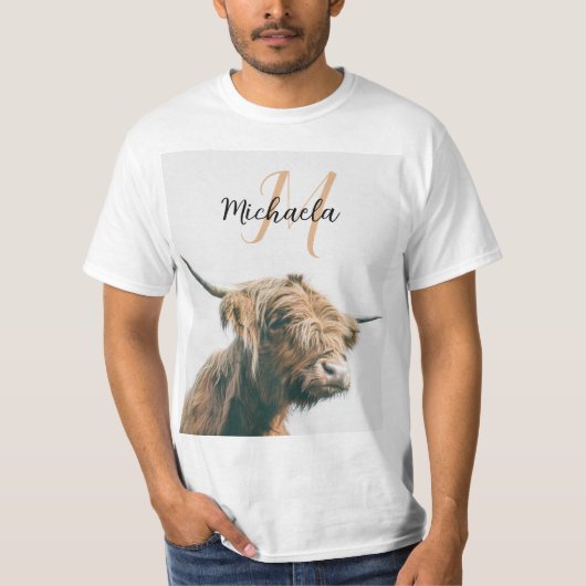 Hoogland koe portret eigen naam initiaal monogram t-shirt (Voorkant)