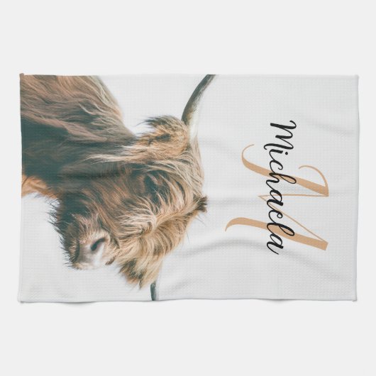 Hoogland koe portret eigen naam initiaal monogram theedoek (Horizontaal)