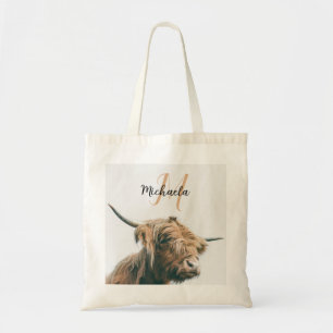 Hoogland koe portret eigen naam initiaal monogram tote bag