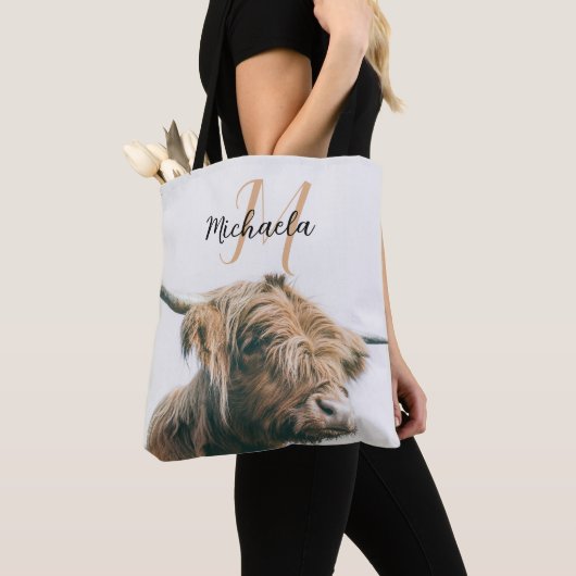 Hoogland koe portret eigen naam initiaal monogram tote bag (Dichtbij)
