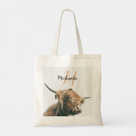 Hoogland koe portret eigen naam initiaal monogram tote bag (Achterkant)