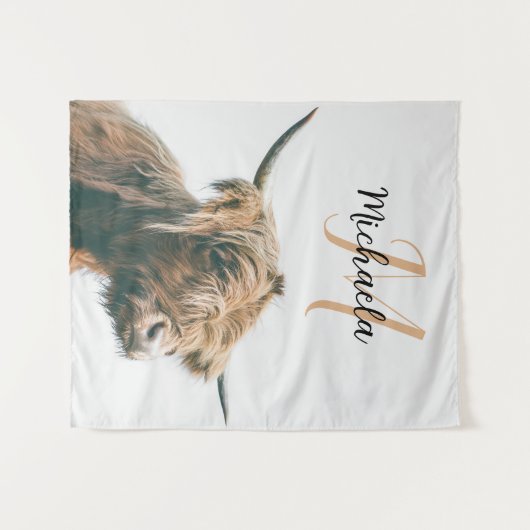 Hoogland koe portret eigen naam initiaal monogram wandkleed (Voorkant (horizontaal))