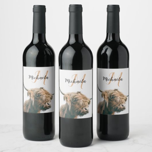 Hoogland koe portret eigen naam initiaal monogram wijn etiket (Flessen)