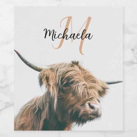 Hoogland koe portret eigen naam initiaal monogram wijn etiket (Enkel label)