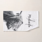 Hoogland koe portret initiaal monogram zwart wit bad handdoek (Handdoek)