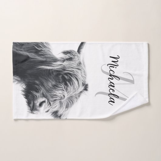 Hoogland koe portret initiaal monogram zwart wit bad handdoek (Handdoek)