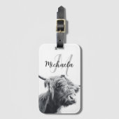 Hoogland koe portret initiaal monogram zwart wit bagagelabel (Voorkant (verticaal))