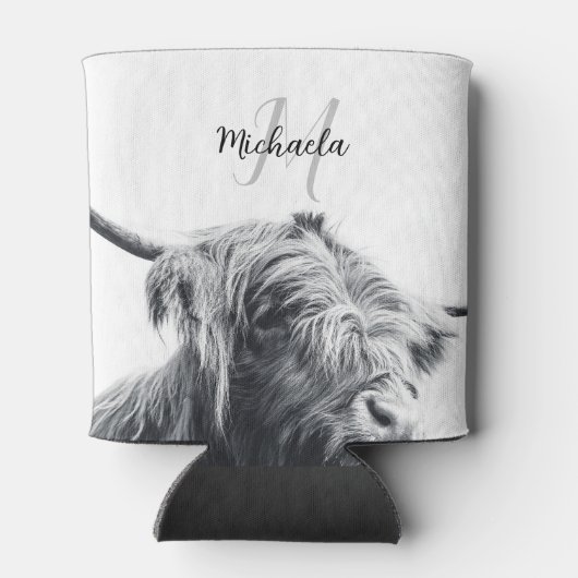 Hoogland koe portret initiaal monogram zwart wit blikjeskoeler (Achterkant)