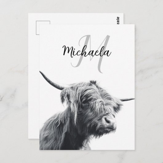 Hoogland koe portret initiaal monogram zwart wit briefkaart (Voorkant / Achterkant)