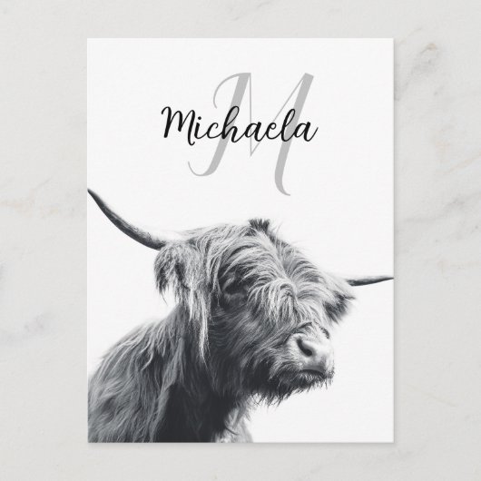 Hoogland koe portret initiaal monogram zwart wit briefkaart (Voorkant)
