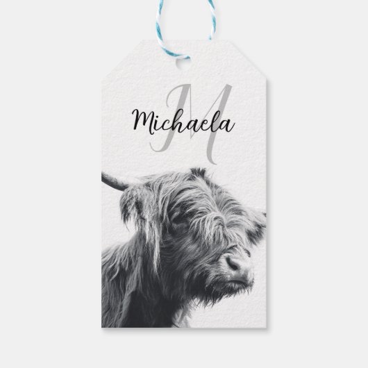 Hoogland koe portret initiaal monogram zwart wit cadeaulabel (Achterkant)