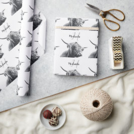 Hoogland koe portret initiaal monogram zwart wit cadeaupapier