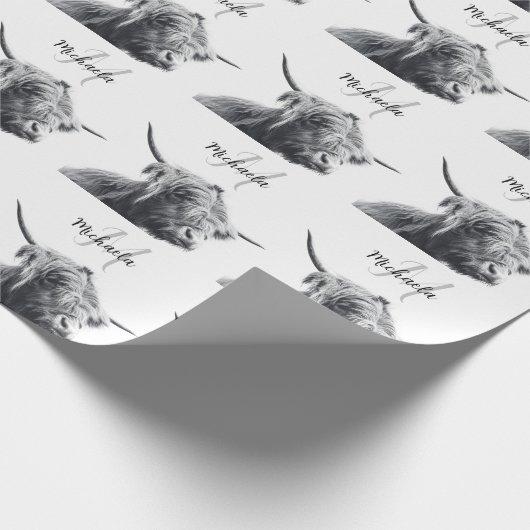 Hoogland koe portret initiaal monogram zwart wit cadeaupapier (Hoek)