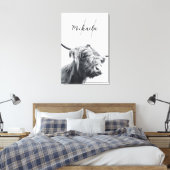 Hoogland koe portret initiaal monogram zwart wit canvas afdruk (Insitu (Slaapkamer))