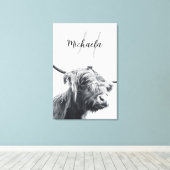 Hoogland koe portret initiaal monogram zwart wit canvas afdruk (Insitu (Houten vloer))