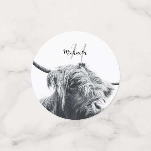 Hoogland koe portret initiaal monogram zwart wit confetti (Kleine voorkant)