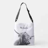 Hoogland koe portret initiaal monogram zwart wit crossbody tas (Achterkant)
