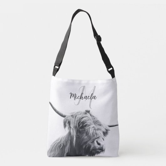 Hoogland koe portret initiaal monogram zwart wit crossbody tas (Achterkant)